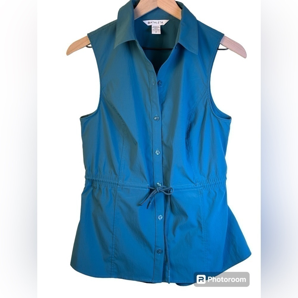 Athleta Levitate Poplin Tank Sleeveless Button Shirt Cinch Waist Size Small Teal